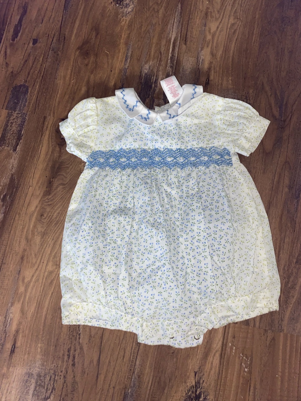 Vintage Allison Ann Baby Girl Floral Smocked Bubble Romper Blue 6-9M